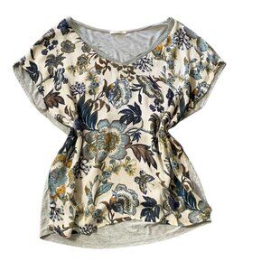 Promod M/L BOHO Colorful Floral Botanical Top Silver Textured Neck Trim 9J